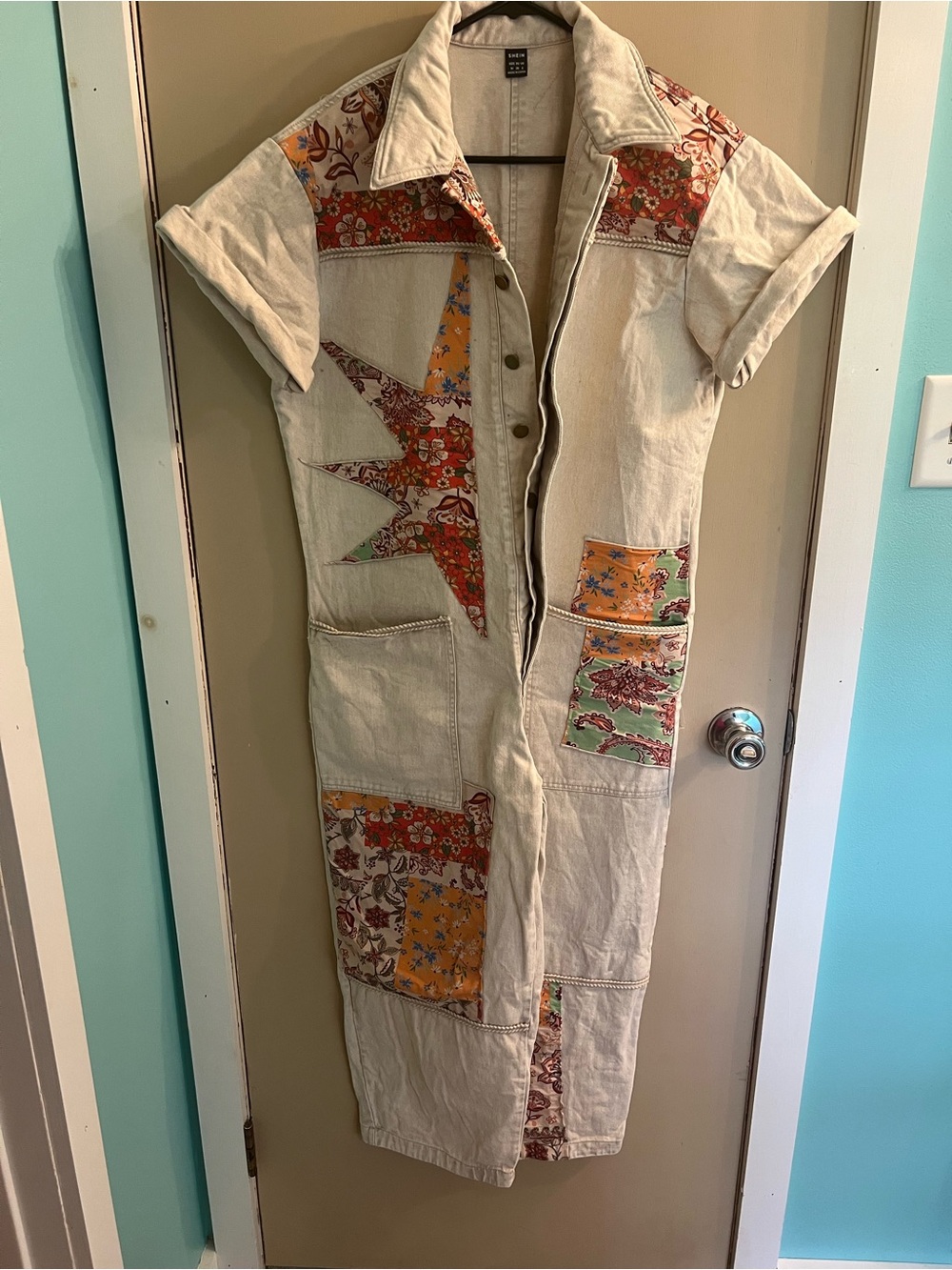 SHEIN Beige Button-Front Jean jumpsuit